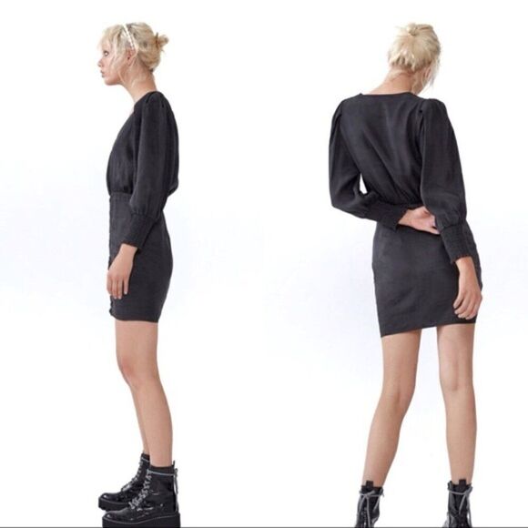 Like New Zara Voluminous Ruching Smocked Balloon Sleeves Side Zipper Black Dress - Picture 3 of 12